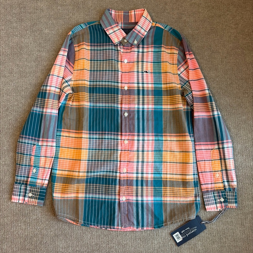 Vineyard Vine Boys Sz M Plaid Madras Whale Shirt NWT